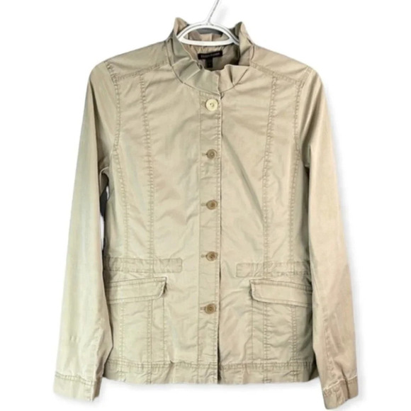 EILEEN FISHER Tan Utility Jacket Ruffled Neck Drawstring Waist Size XS - Picture 2 of 13